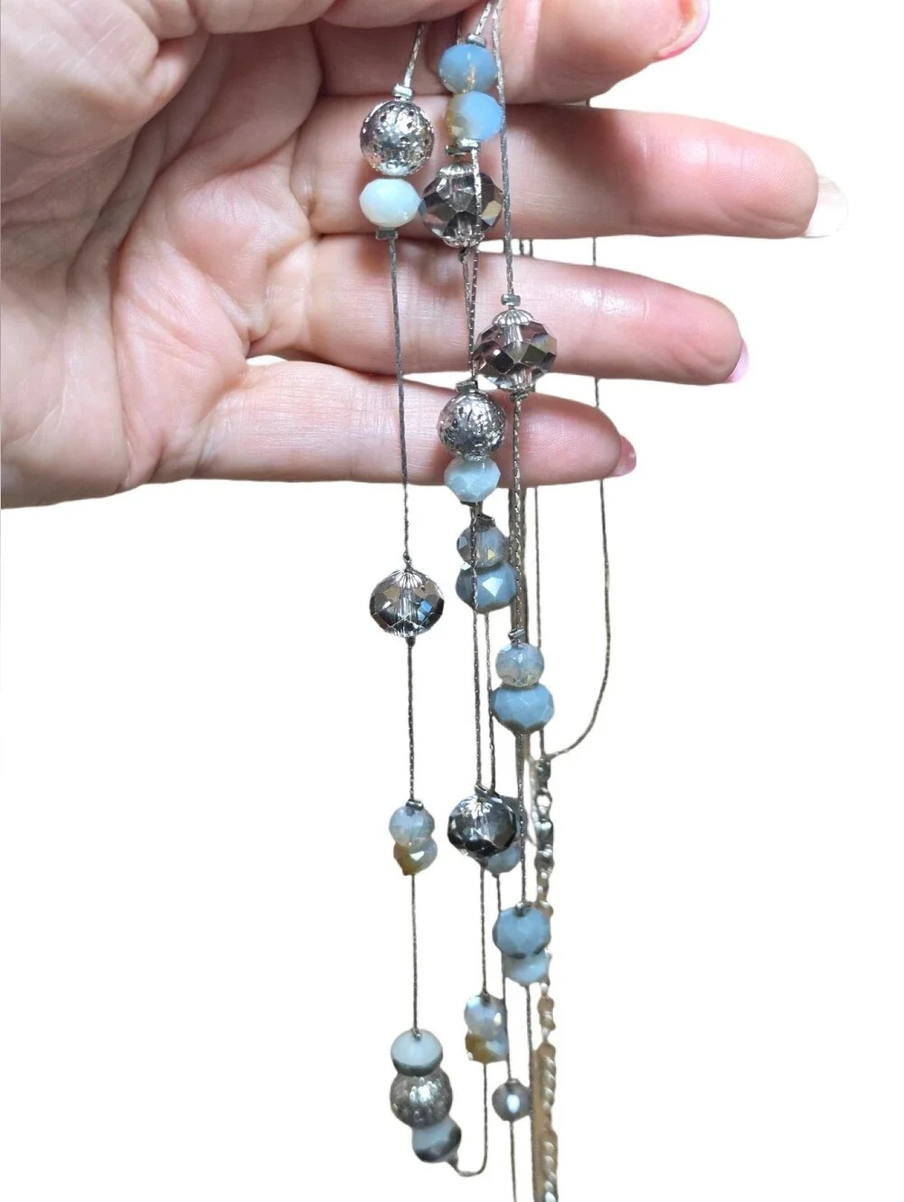 Multi-Tone Faceted Gray & Iridescent & Silver Bead Two Strand Long Necklace